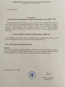 Rozhodnutí o přijetí k předškolnímu vzdělávání 2026 – 2027